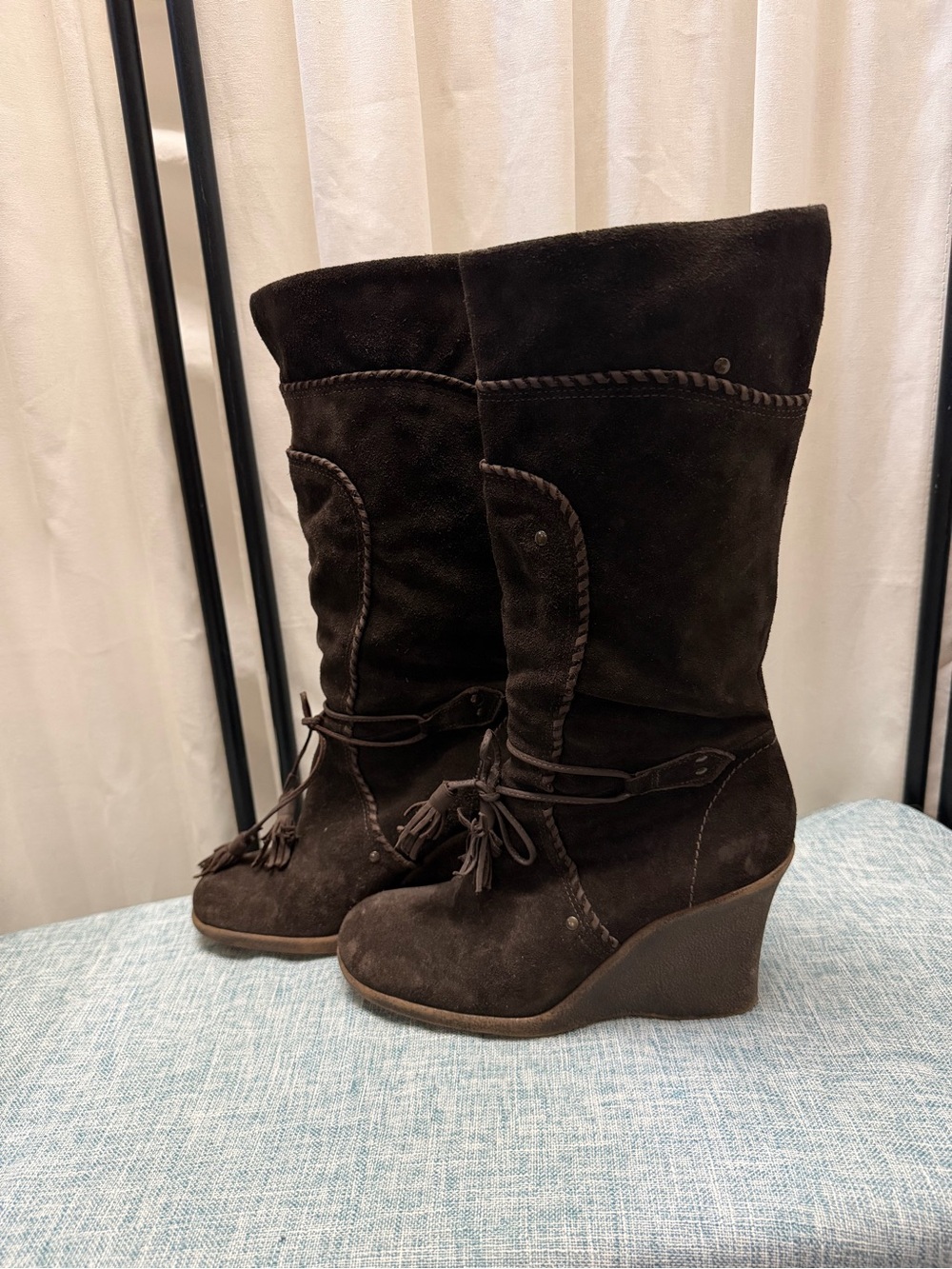 Steve Madden Brown Suede Tall Wedge Boots Size 9 Tassel Boho Western